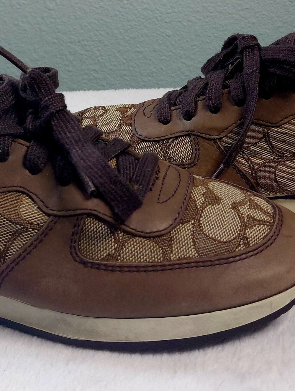 COACH Farah Casual Leather Shoes Nappa Sig Logo C brown Khaki Women's Size 7B